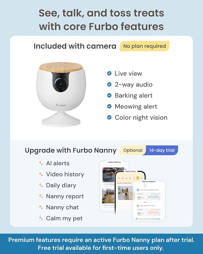 Furbo Mini Pet Camera [No Monthly Fee] | 130° Wide View, Barking/Meowing Alerts, 2-Way Audio, Night Vision, Mountable Design, Pet Monitoring, No AI Alerts or Rotation