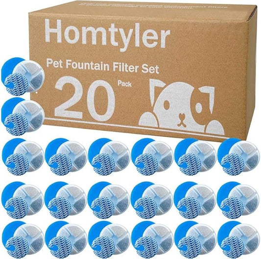 Homtyler Stainless Steel Cat Water Fountain Filters 20 Pack Cat Fountain Filter Replacement, 3 Triple Filtration System, Activated Carbon Filters for 67oz/2L Automatic Pet Fountain Filter