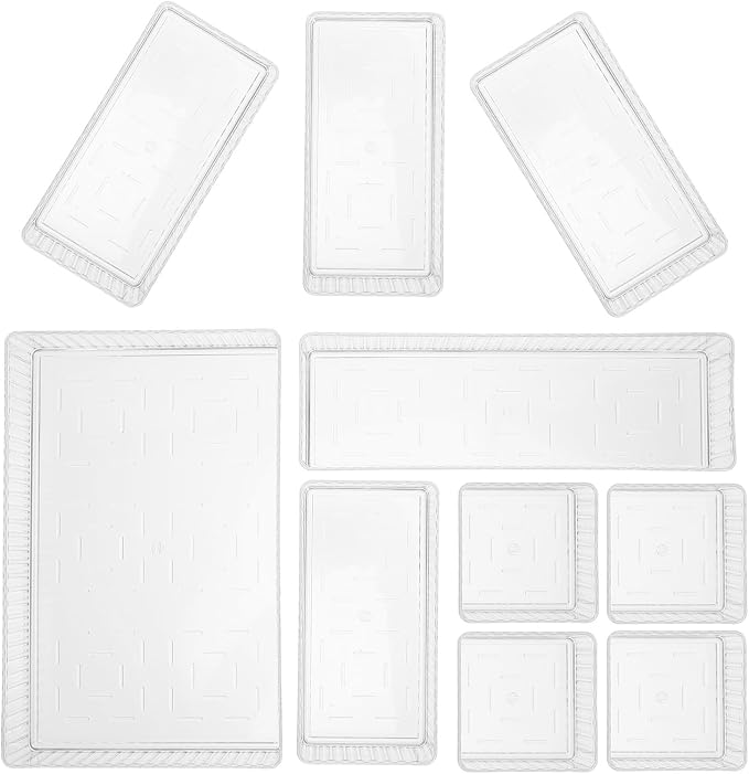 Hemoton Stackable Drawer Organizer Trays Multipurpose 10pcs with Removable Dividers, Pet Plastic Storage Bins for Vanity and Bathroom Counter Jewelry and Makeup Storage