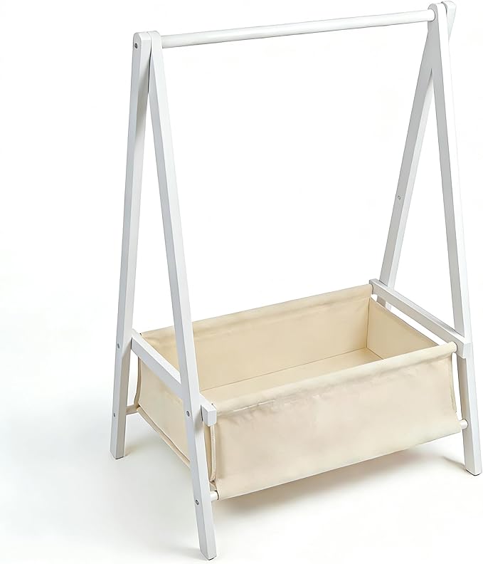 Baby Clothing Rack for Baby Shower, Pets Clothes Rack with Storage Box & Hanging Rod for Dogs/Cats, Mini Dolls Closet Rack, Bamboo Baby Shower Rack for Nursery Room (White)