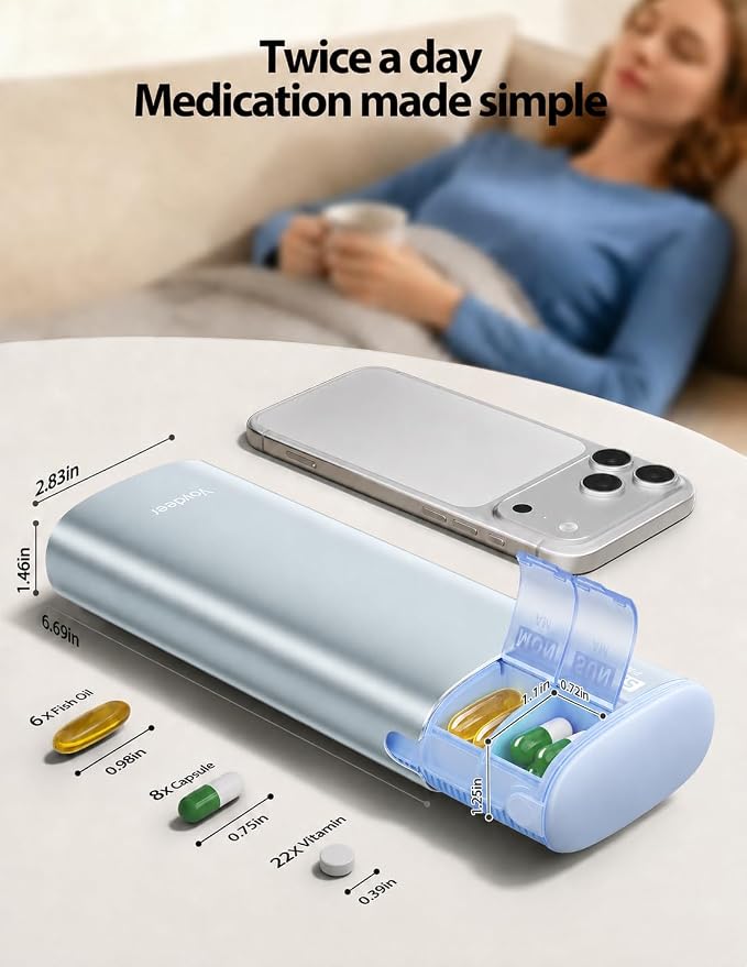 Vaydeer Metal 7 Day Travel Pill Organizer 2 Times a Day, Built-in Desiccant | AM PM weekly Travel Pill Case, Twice-Daily，Airtight Large Capacity Pill Box for Vitamins, Medication, Supplements & Fish Oil