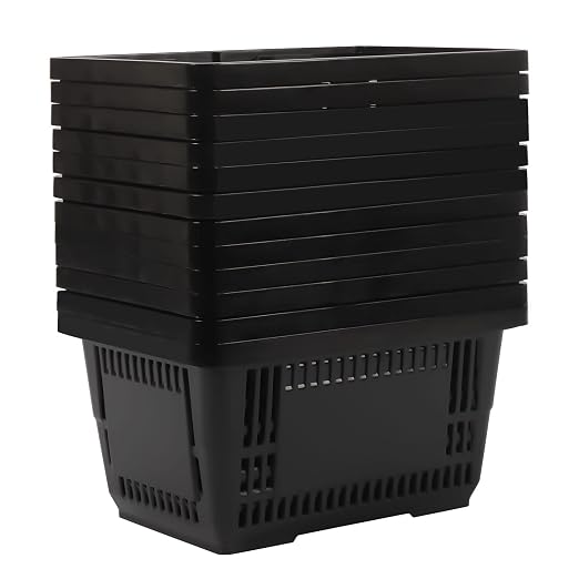 12PCS Shopping Baskets with Handles, 17x12x9inch Plastic Storage Bins Grocery Baskets, 21L Portable Shop Basket Used for Supermarket, Retail, Bookstore (Black)