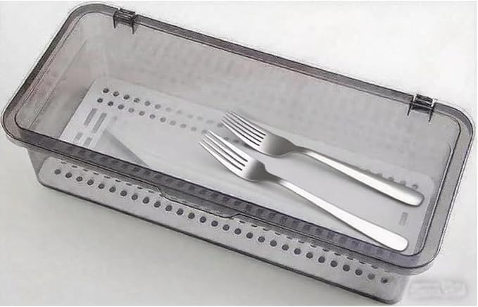Flatware Tray Kitchen Drawer Organizer With Lid And Drainer - Plastic Kitchen Cutlery Tray and Utensil Storage Container with Cover - Dinnerware Holder for Spoons Forks Knives 10.0x4.3x2.8