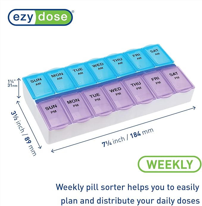 EZY DOSE Weekly (7-Day) AM/PM Daily Pill Case, Medicine Planner, Vitamim, Fish Oil, Supplements Organizer Container, Large Compartments, 2 Times a Day, Blue and Purple Lids, BPA Free