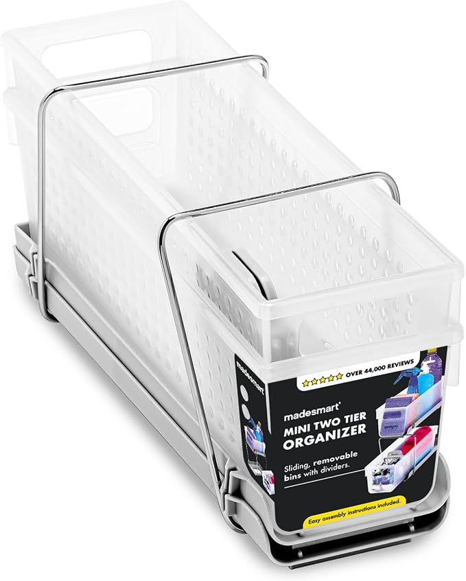 madesmart Mini 2-Tier Organizer, Multi-Purpose Slide-Out Storage with Handles and Dividers for Home and Bath, Frost | pull out bins, adjustable dividers, tiered access, cleaning supplies, under sink use, pantry bottles, woman owned