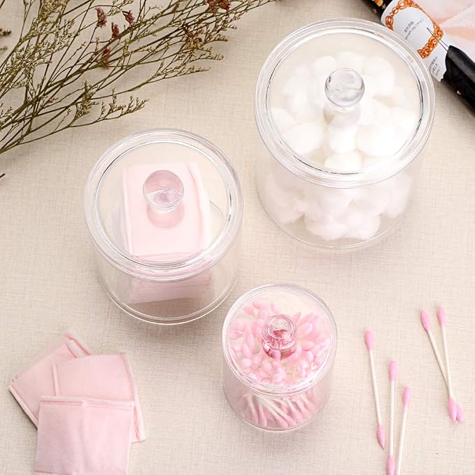 Hipiwe Set of 3 Cotton Ball and Swab Organizer Acrylic Q-Tips Jar with Lid | Clear Apothecary Jar Makeup Organizer Holder, Bathroom Vanity Storage Canister for Cotton Rounds and Pads