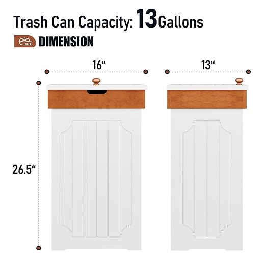 Function Home Trash Can Cabinet, 13 Gallon Kitchen Garbage Can, Wood Recycling Trash Bin, Freestanding Dog Proof Trash Can, Farmhouse Trash Cabinet with Lid for Home Kitchen Bathroom, White