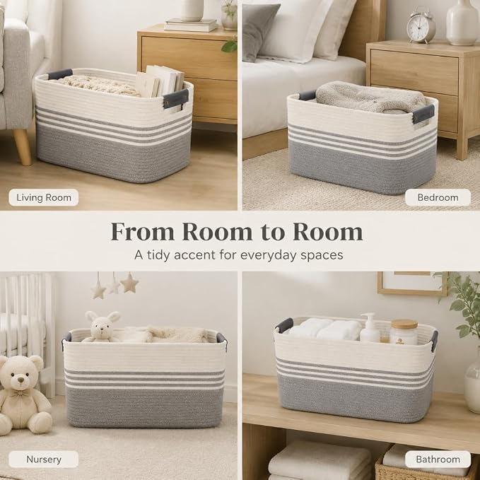 Cotton Rope Laundry Basket Medium, 15.4GAL Collapsible Woven Storage Baskets for Living Room Kids Toys Stuffed Animal,Boho Rectangular Decorative Short Hamper for Dirty Clothes, Blankets White Grey