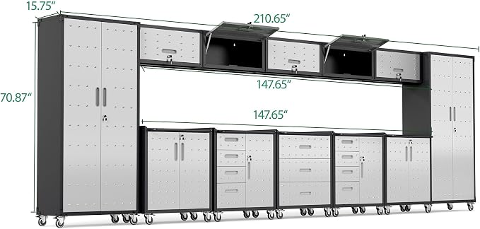 12-Piece Heavy Duty Steel Garage Cabinet System | All-in-One Modular Garage Cabinet Set for Ultimate Workshop Organization | Easy Assembly Garage Storage Cabinets & Tool Bench