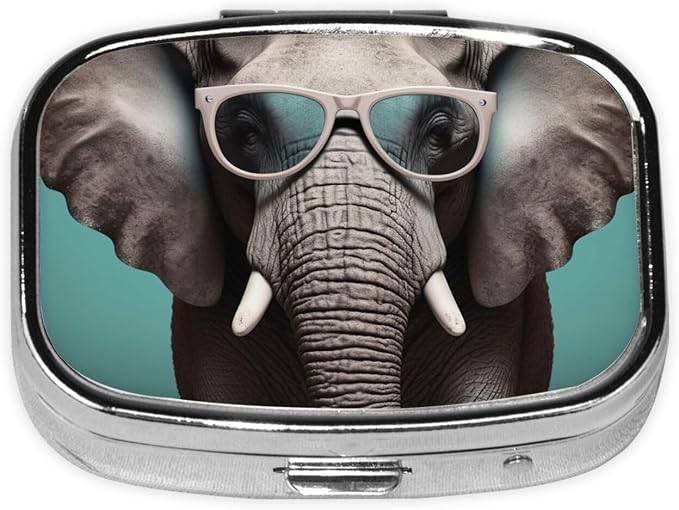Square Pill Box Elephant with Glasses Pill Case for Purse & Pocket 3 Compartment Pill Organizer Portable Travel Pillbox Medicine Pill Holder Container for Daily Vitamin Cod Liver Oil Storage