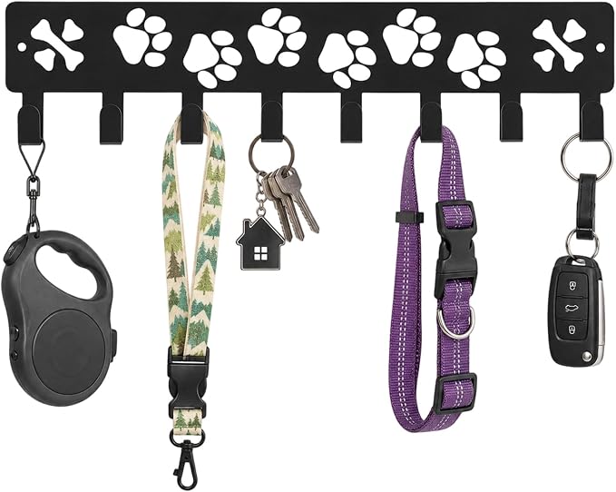 Dog Leash Holder for Wall Dog Decor Key Hangers Organizers, 1Pc | 11.8x2.75in Leash Holder for Wall Key Rack Iron Paw Design Screw Anchors Mounts for Entryway Hallway Storage