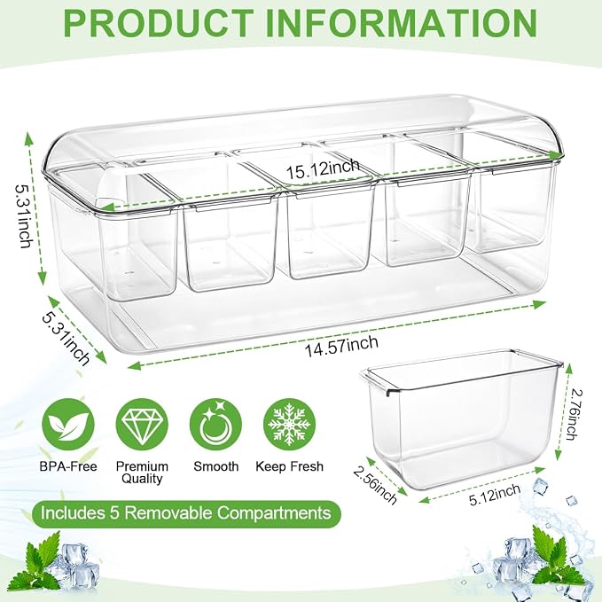 OBTANIM 16 Inch Ice Chilled Condiment Server Caddy Plastic Clear Food Storage Container Garnish Tray with Lid and 5 Removable Compartments for Bar Party Fruit Salad