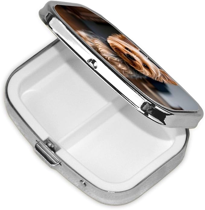 Pill Box with Mirror 2 Compartment Cute Pet Yorkie Small Pill Case for Purse Or Pocket Mini Metal Pill Holder Travel Weekly Medicine Tablet Vitamin Holder Organizer Travel Gifts