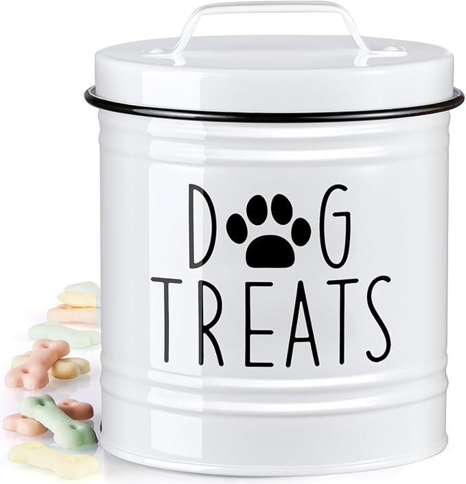 OUTNILI Large Dog Treat Container Airtight - 6.6" Tall X 6" Round White Dog Treat Jar for Kitchen Counter - Rustic Treat Storage Canister for Dogs, Cats, Small Animals - Gifts for Pet Owners