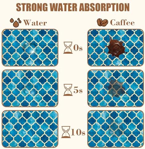 Dish Drying Mat Blue Moroccan Tile Coffee Bar Mat for Countertop Absorbent Hide Stain Rubber Backed Dish Drainer Rack Pad Coffee Maker Espresso Machine Dining Room Decor 15.7 x 23.6 Inch