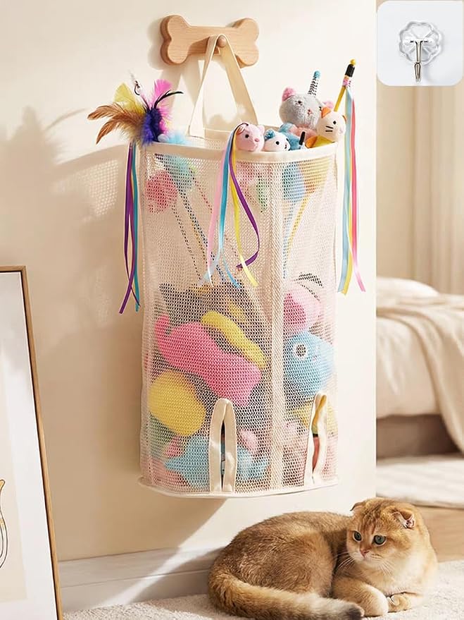 15.16" Cat Wand Toy Holder Organizer Storage Bag - Special Bottom Opening Design, Pet Kitten Stick Doy Toy Mesh Pockets for Cat Feather Teaser Toys Wall Hanging Basket Box Bin (Beige, Double)