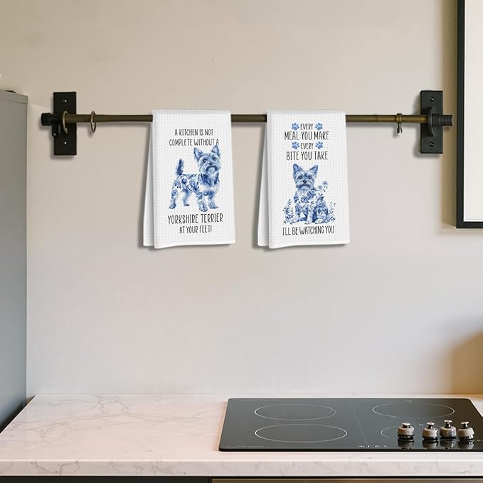 2 Pcs Chinoiserie Yorkshire Terrier Kitchen Towels 24x14 Inch, Yorkshire Terrier Gifts Reusable Dish Towels for Kitchen Decor, Blue and White Floral Waffle Weave Hand Towel, Dog Gifts for Women Mom