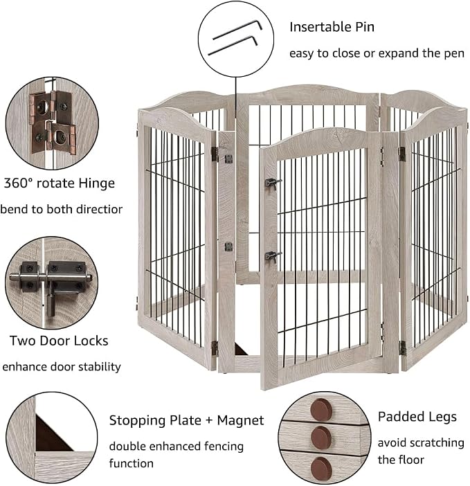 unipaws 132" Extra Wide Dog Gate and Pet Playpen with Walk Through Door | Free Standing Tall Dog Fence, Barriers for Home, Use as Indoor Dogs Cats Pen, Rabbit Pen, Weathered Grey