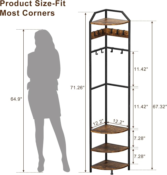 X-cosrack Corner Hall Coat Tree Freestanding with 10 Movable Hook, Shelf-Adjustable Coat Rack Stand for Purse, Hat, Bag and Shoe, Narrow for Small Space Living Room Bedroom Office Entryway Storage