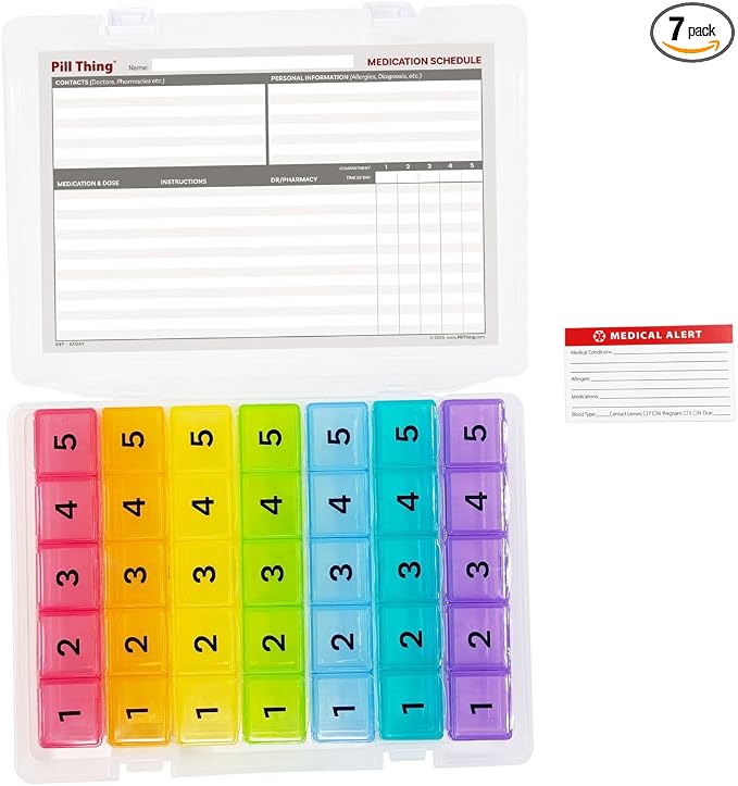 5 Times a Day Weekly Pill Box Organizer Case, Secure 7 Day Pillbox with Medication Schedule (5 Time-a-Day)