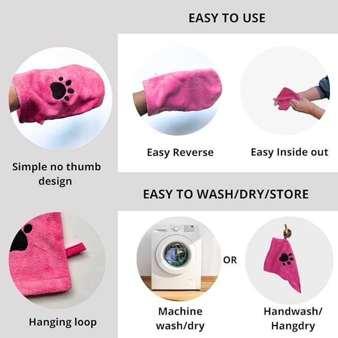 Penny & Niko Microfiber Pet Towel Mitts - Paw Cleaning and Drying Mitts/Gloves for Dogs and Cats (Pink, Standard - 4 Pack)