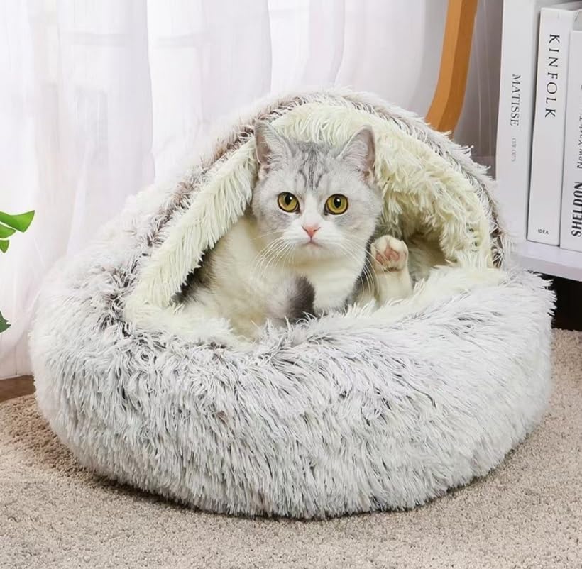 Cat Bed Round Fluffy Hooded Cat Bed Cave, Anti-Anxiety Cave Bed with Hooded Blanket, Cozy Cuddler Luxury Puppy Pet Bed, Anti-Slip Bottom and Machine Washable (Coffee, Medium)