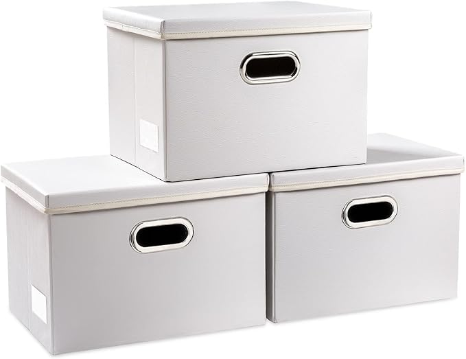 Collapsible Storage Bins with Lids [3-Pack] Leather Fabric Foldable Storage Boxes Organizer Containers Baskets Cube with Cover for Bedroom Closet Office Nursery White (14.9x10.8x10)