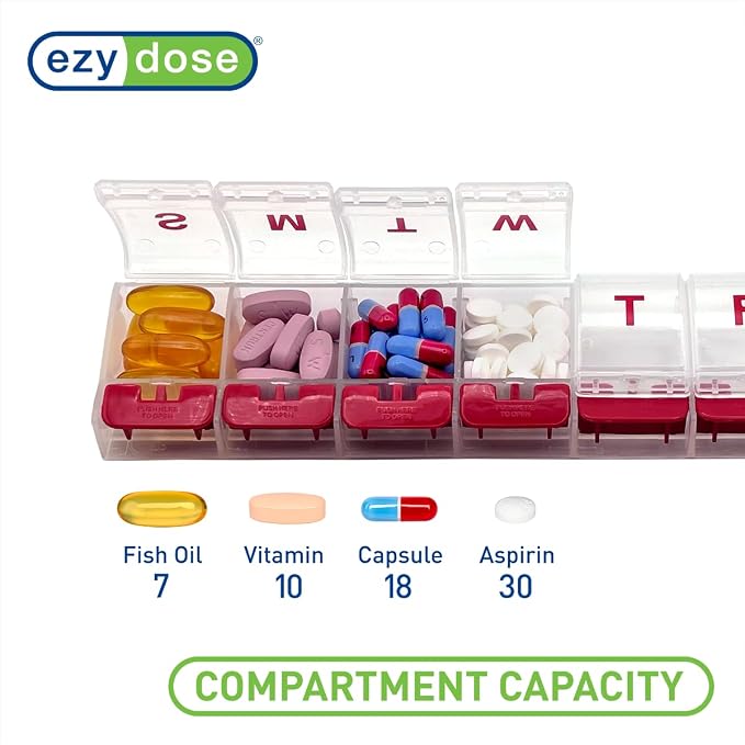 Ezy Dose Weekly (7-Day) Pill Organizer, X-Large Medicine Case, Clear/Red | Daily Vitamin & Supplement Planner, Spacious Push-Button Compartments, Convenient & Easy to Use, Travel-Friendly, BPA-Free