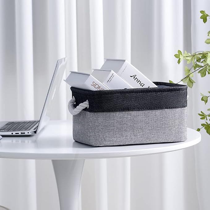 Storage Basket for Organizing - 14x10x7 inch Medium 3 Pack Collapsible Storage Bin for Shelves with Rope, Fabric Storage Cubes for Organizer Cloth Gift Toy Closet (Black & Grey)