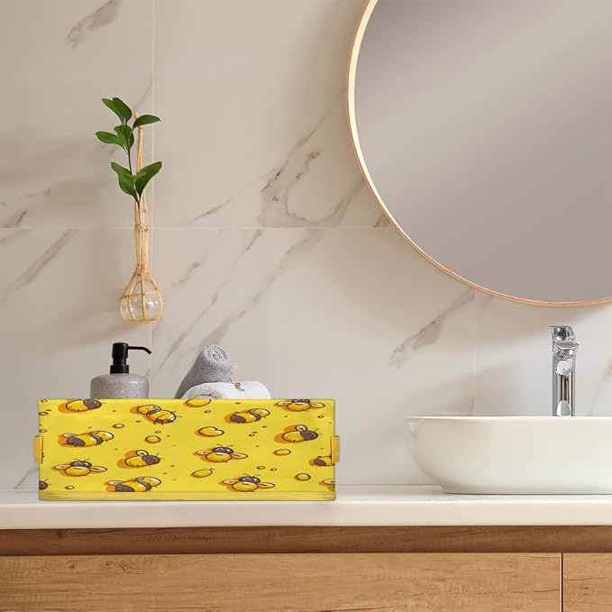 Yellow Bee Print Bathroom Storage Basket Waterproof Foldable Storage Bins with Handles Decorative Toilet Paper Storage Basket for Organizing for House Bathroom Toiletries Set of 2