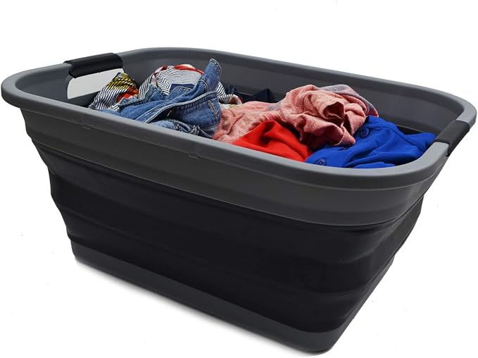 SAMMART 41L (10.8 gallon) Collapsible Plastic Laundry Basket - Foldable Pop Up Storage Container/Organizer - Portable Washing Tub - Space Saving Hamper/Basket, (Rectangular, Grey/Black)