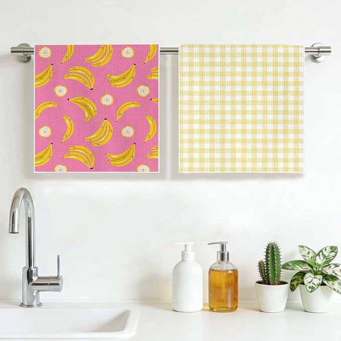 Banana and Yellow Checkered Kitchen Towels, Quick Dry Multipurpose Waffle Weave Hand Towels for Bathroom, Absorbent Reusable Cloth Tea Dish Towels for Home Decor, Banana Lover Gift Towel Set of 2