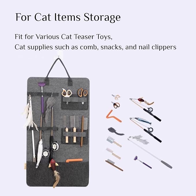 Cat Toy Storage Hanging Bag, Cat Teaser Toy Wand Toy Holder Pet Storage Box Organizer(White Brown)