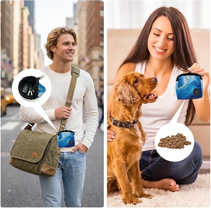 Dog Treat Pouch 5.12 x 4.72 Inch Treat Pouches for Pet Training Blue Marble Texture Polyester Portable Snack Reward Dog Food Dispenser with 1 Roll Garbage Bags for Traveling Outdoor Use