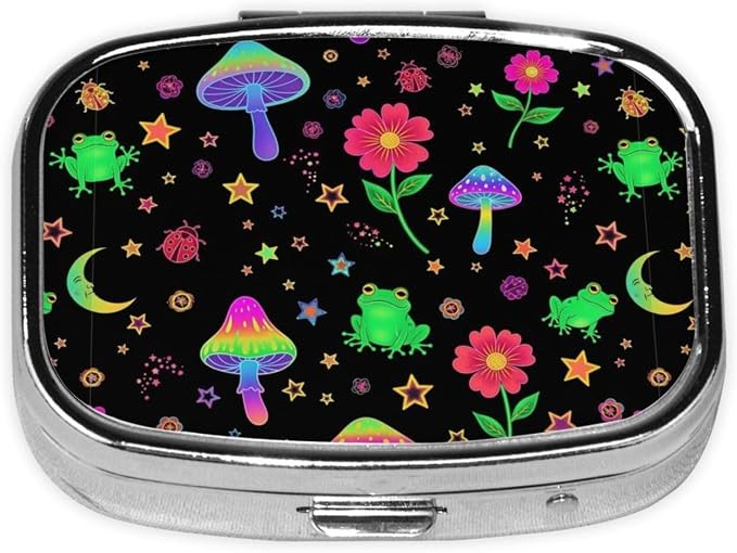 Personalized Pill Box Stainless Steel Custom Medicine Case Compact Supplement Organizer, Beautiful Magical Flowers Goth Moon Mushrooms Frogs