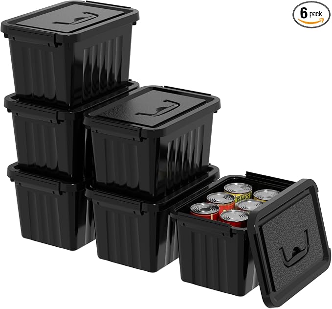 6 Quart Plastic Storage Bins, Latching Box with Handle, 6 Packs | Black Small Latch Tote Container with Lid