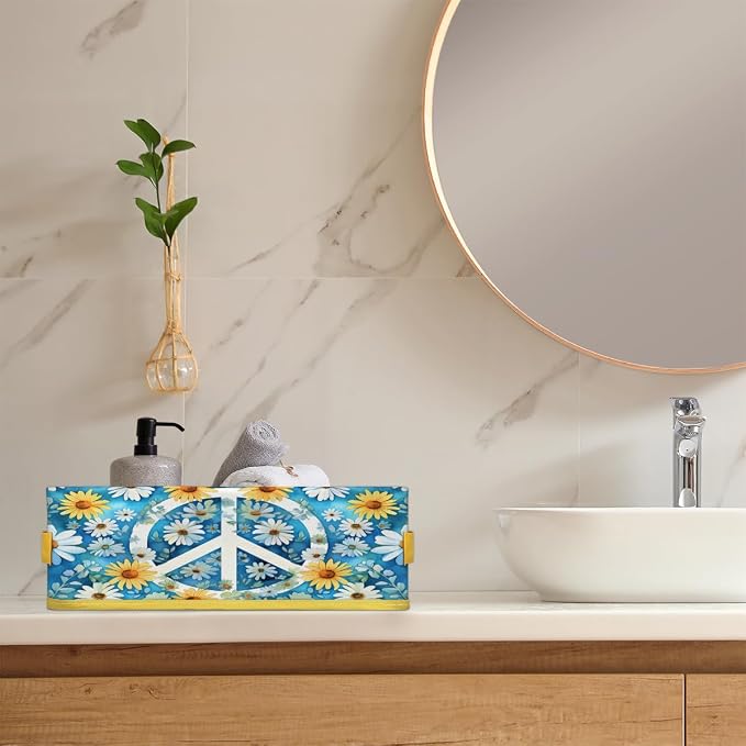 Peace Sign Daisy Bathroom Storage Basket, Foldable with Handle Open Countertop Paper Towel Decorative Box, Toilet Tank Top Shelf Baskets for Home Closet Bedroom Living Room Office