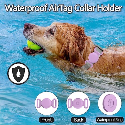 Waterproof Dog Collar with Airtag (1st & 2nd Gen) Holder, 2 Pack | Lightweight Silicone Hidden AirTag Holder for Dog Collar, Anti-Lost AirTag Case for Pet Cat Dog (Light Blue & Purple)