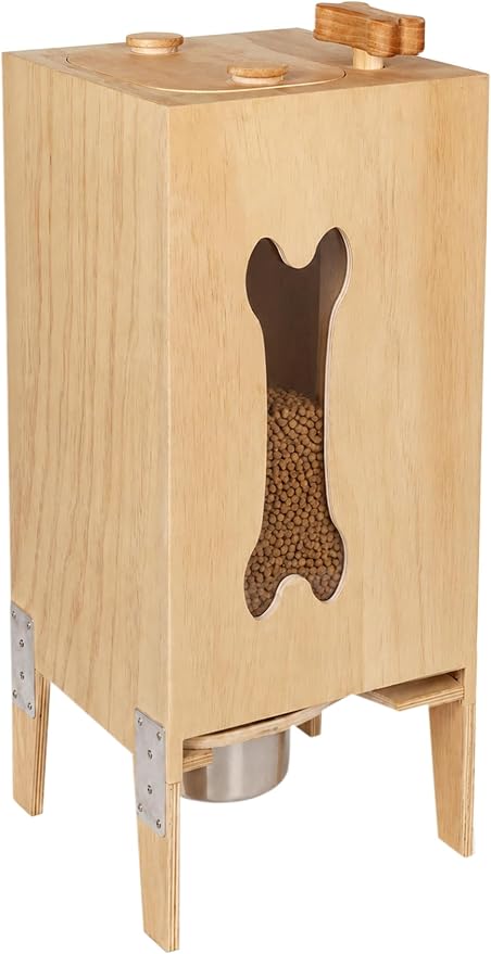 Wooden Dog Food Dispenser with Raised Bowl, Up to 30 lb Kibble Storage | Wooden Kibble Dispenser with Twist Knob. Furniture-Style Cabinet Stores Dry Food and Includes a Raised Steel Bowl.