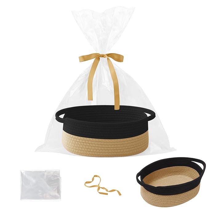 Woven Rope Basket,Baby Gift Basket with Bag & Ribbon, Black&Jute | Cotton rope with handle, 12x8x5 in, gift bag and ribbon, for baby shower, birthday, toy storage, nursery, shelf decor