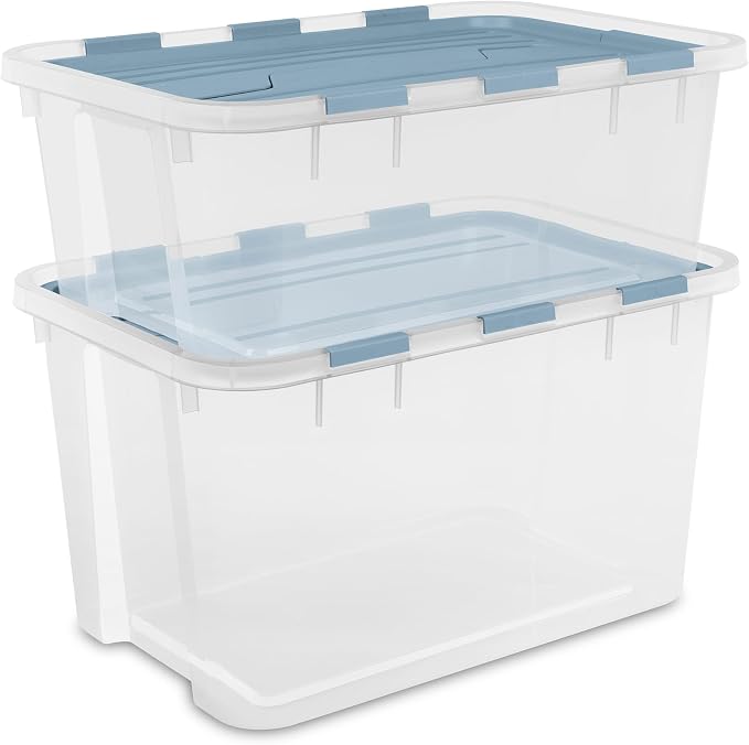Sterilite Hinged Lid Storage Box, Plastic Container, 40 Quart, 12-Pack | Washed Blue - Home Organizer Tote for Storing Shoes, Crafts, Clothing, or Decor