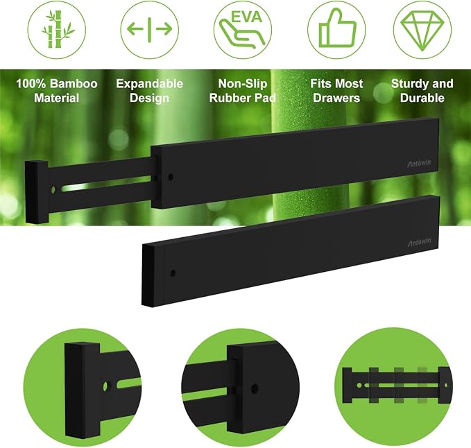 Bamboo Drawer Dividers Organizers, Expandable Drawer Separators Splitter,17-22 inches Long Adjustable Spring-loaded Organizer for Large Utensil, Clothes, Tools Drawers (Black)