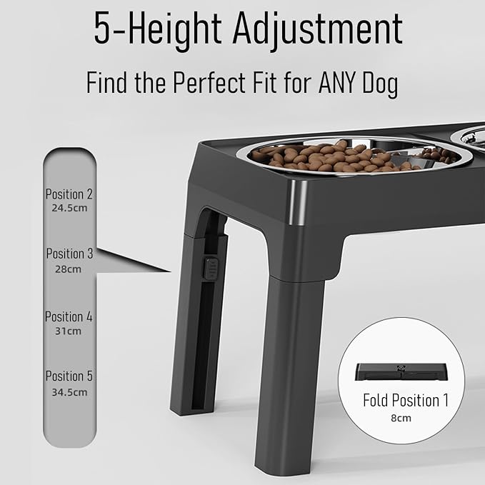 Elevated Dog Bowls Large Breed Raised Dogs Bowl Stand Large/Medium Sized Dog Stainless Steel Food Water Bowl Stands 5 Heights Adjustable 9/11/12/14in Black Pet Feeder Dish Station