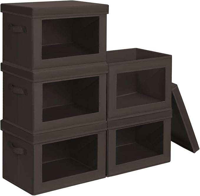 Stackable Storage Bins with Lids - Large Decorative Basket with Lids, Fabric Foldable Closet Organizer Bins, Shelf Organizer for Living Room, Dorm, 5 Pack, Brown