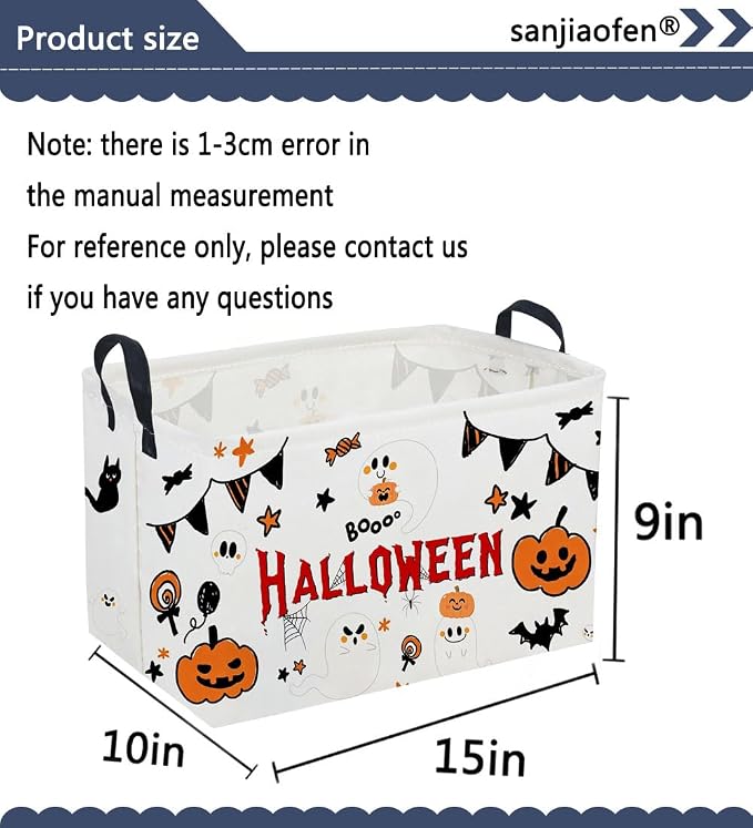 Sanjiaofeng Rectangular Halloween Ghost Storage Basket,Halloween Basket.Cute Baskets for Room Decor, Pumpkin Baskets with Handles.Books Bins,Gifts Box(White Ghost)