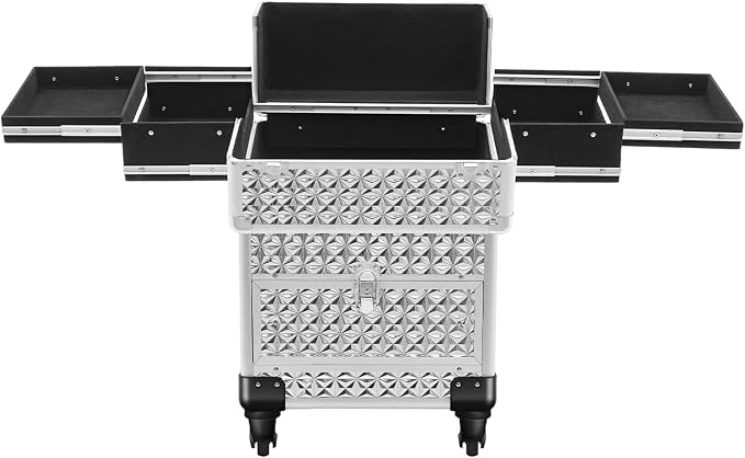 Professional Rolling Makeup Train Case with Lock, 7 Compartments 44lbs Capacity Rolling Nail Case Adjustable Organizer for Makeup Artists, Hairstylists, Pet Groomers (Sliver)