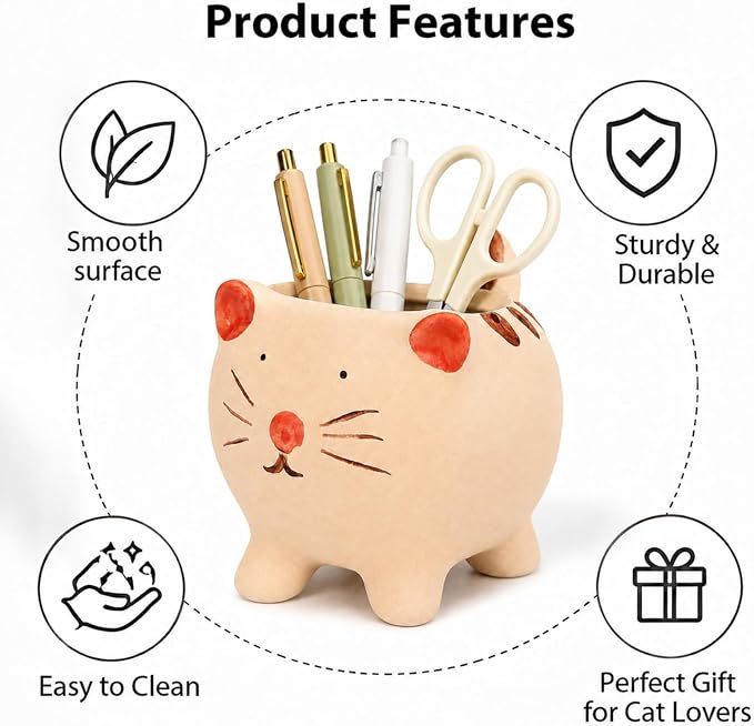 Ceramic Cat Shaped Pen Pencil Holder for Desk Decoration Accessories Cat Decor Makeup Brush Pen Cups Office School Ideal Gifts for Women, Mom or Birthdays