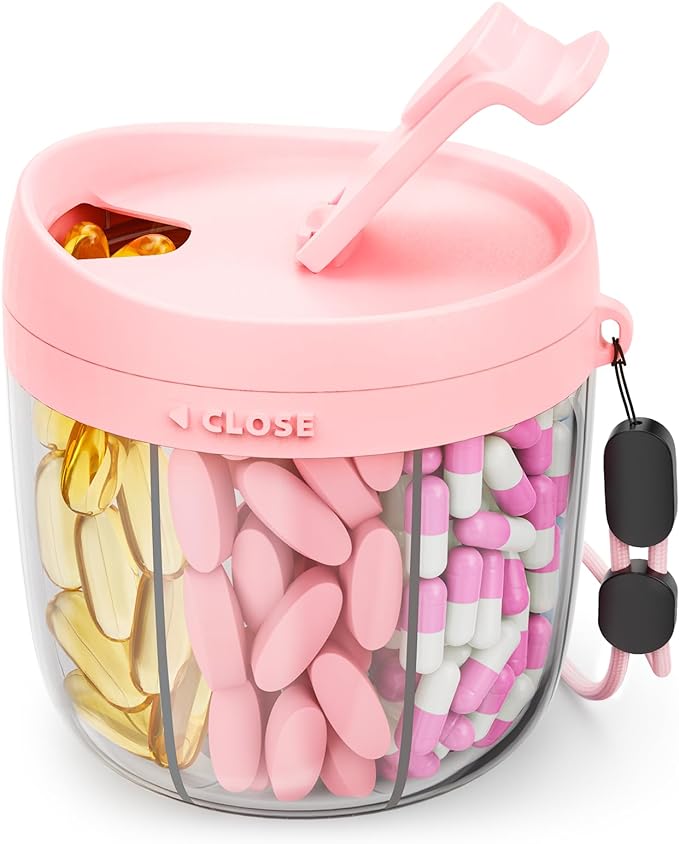 AMOOS Cute Pill Dispenser with Anti-Mix Design, 7-Slot, BPA-Free, Patented | Portable Travel Pill Organizer, Wide Mouth for Easy Access, Pill Bottle Organizer for Vitamins, Fish Oils, Supplements, Pink