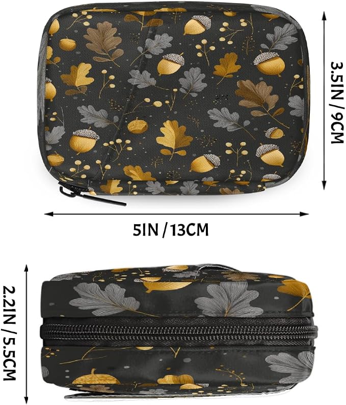 Travel Pill Organizer Black Gold Pine Cones Autumn Leaf Pill Case