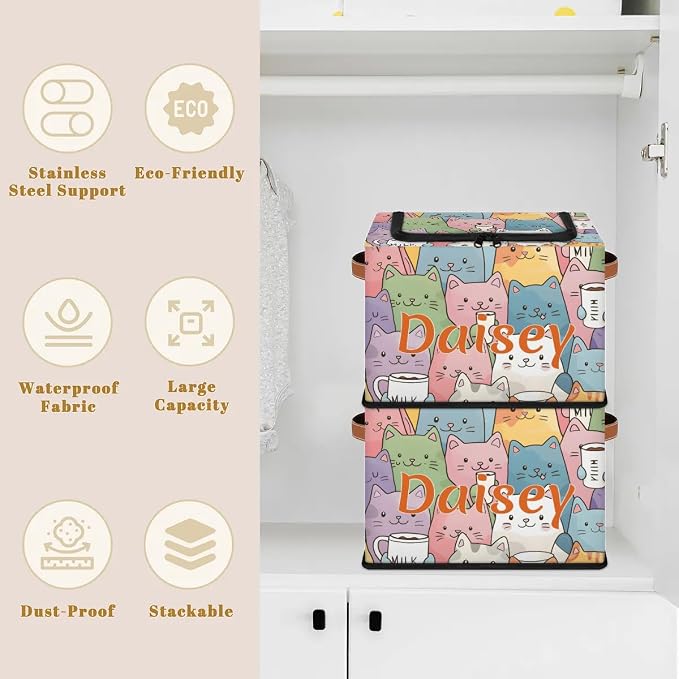 Custom Cute Cats Storage-Bin With Zipper Lid for Kids-Girls-Boys-Baby-Pet,Personalized Name Foldable Storage Box with Handle,Baby Basket With Label for Bedroom Nursery Toy Clothes,Multi